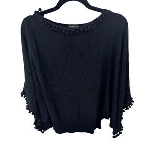 Michael Simon Black Floral Jacquard Pom Pom Trim Poncho Sweater Womens M